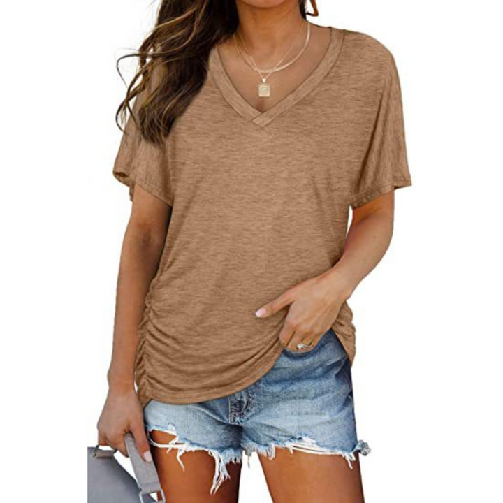 Elegant casual women's V-neck top, classic loose fit long sleeve shirt for versatile fashion.