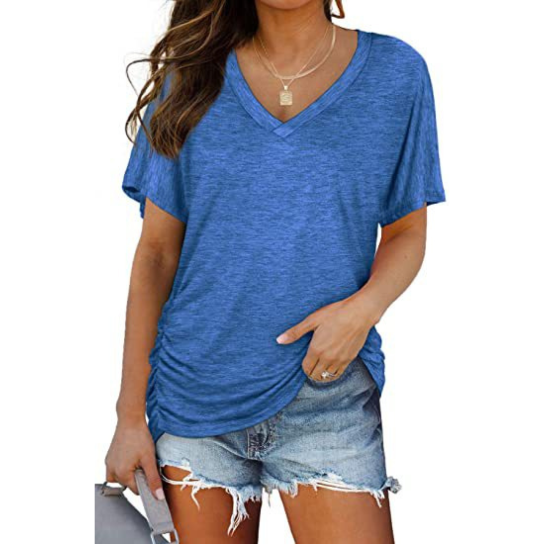 Long sleeve women's V-neck top, loose fit classic shirt for comfortable and elegant casual wear.
