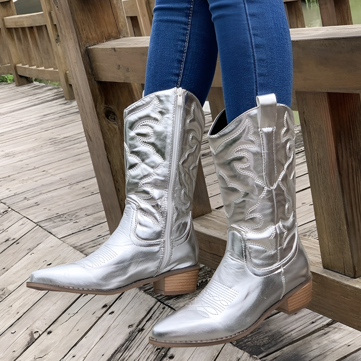 Close-up of detailed embroidery on women's comfortable cowboy ankle boots