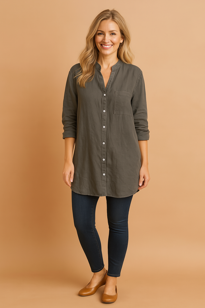 Elegant women's long sleeve blouse featuring a stylish stand-up collar.