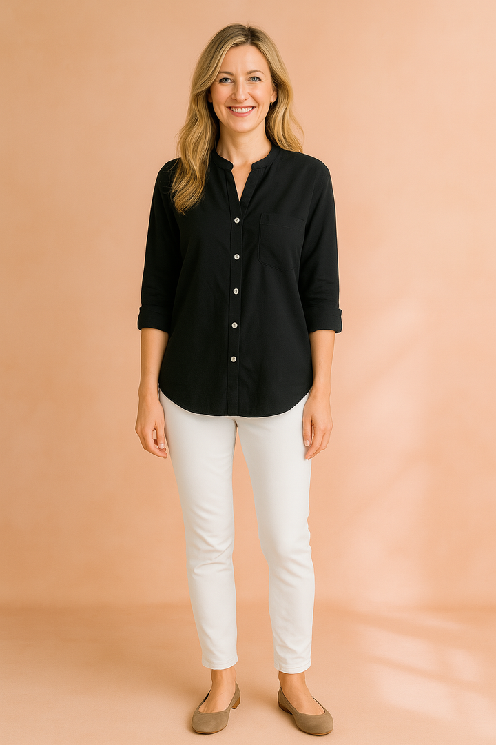 Versatile women's casual blouse with a practical chest pocket detail.