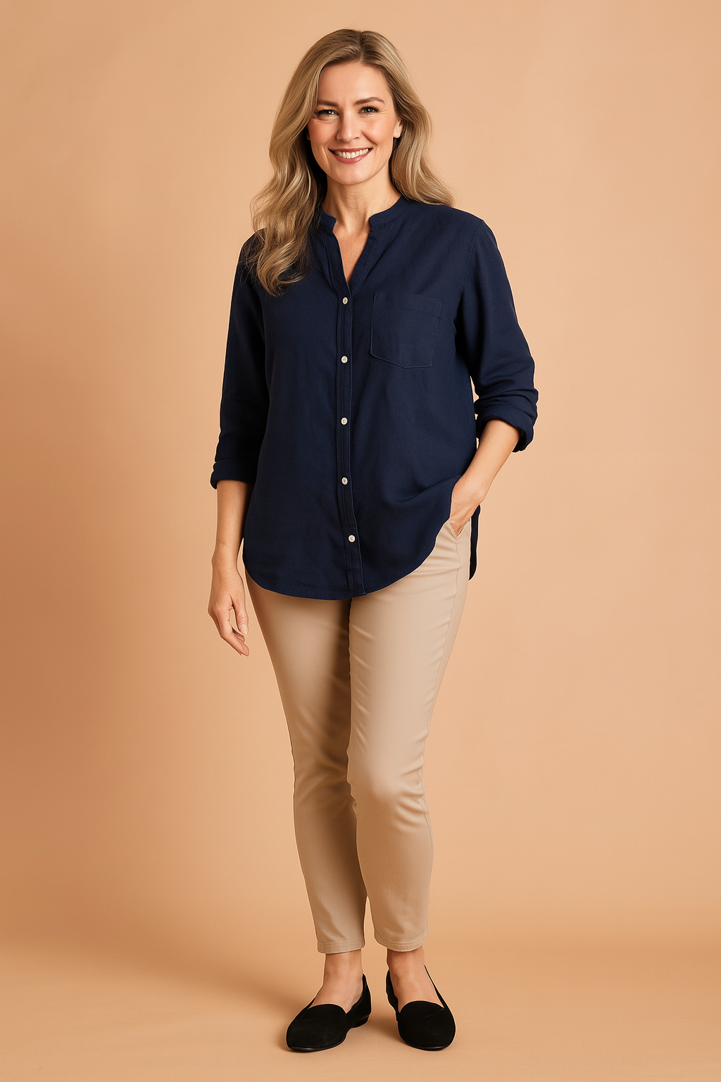 Professional women's top with a sophisticated stand-up collar design.