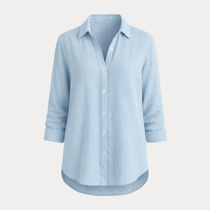 Women's classic white button-up shirt, versatile for casual or workwear