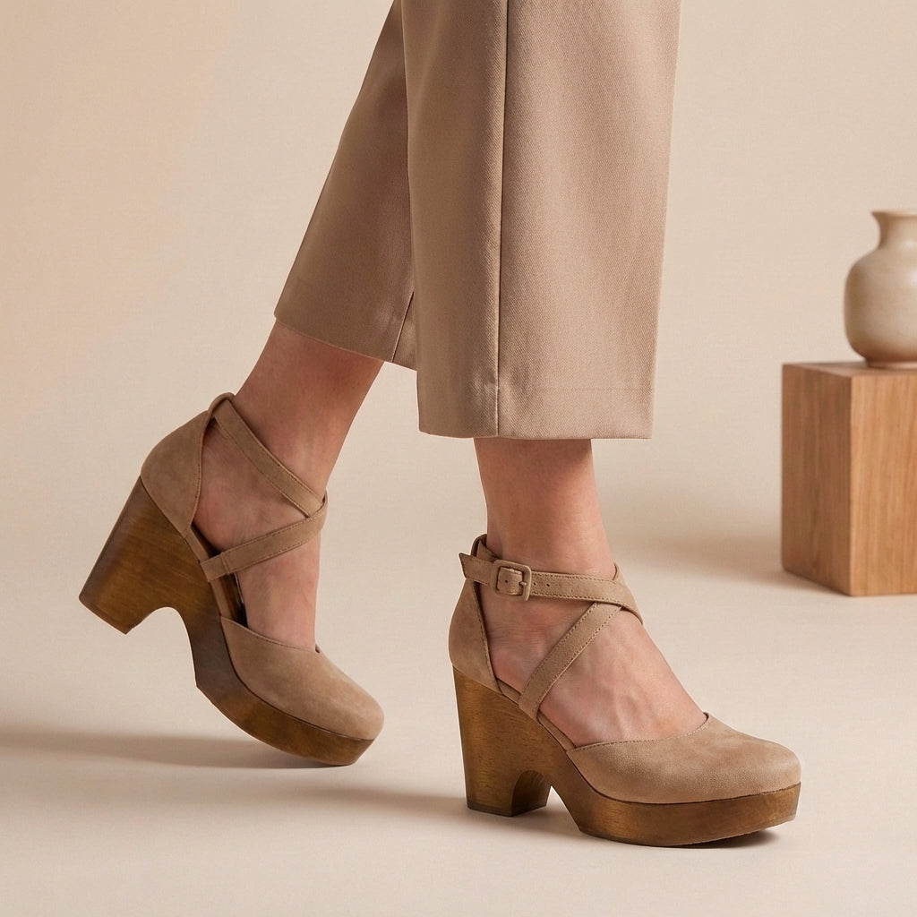 Elegant women's ankle strap sandals with a closed toe and wedge heel