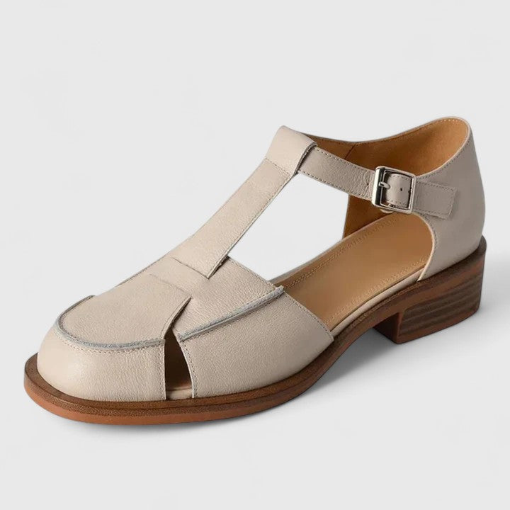 Women's closed-toe T-strap sandals with block heel, comfortable & stylish for summer fashion.