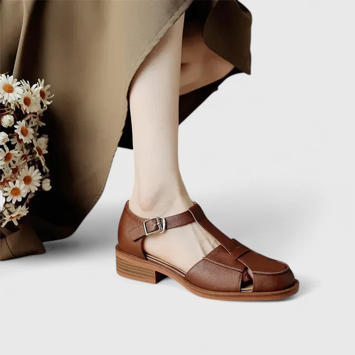 Versatile khaki closed-toe T-strap sandals for women, chic & elegant for summer outfits.