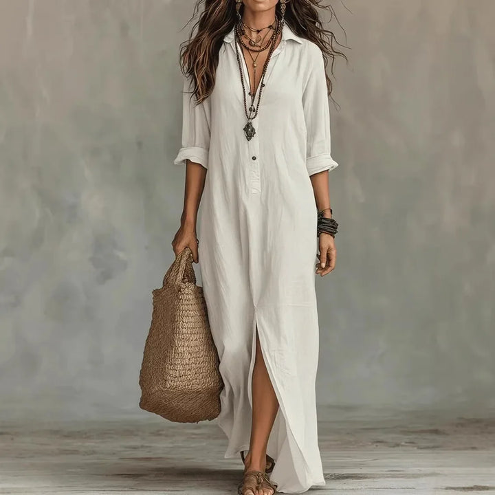 Women's collared button-down maxi dress with a front slit. Effortless casual style for summer or autumn.