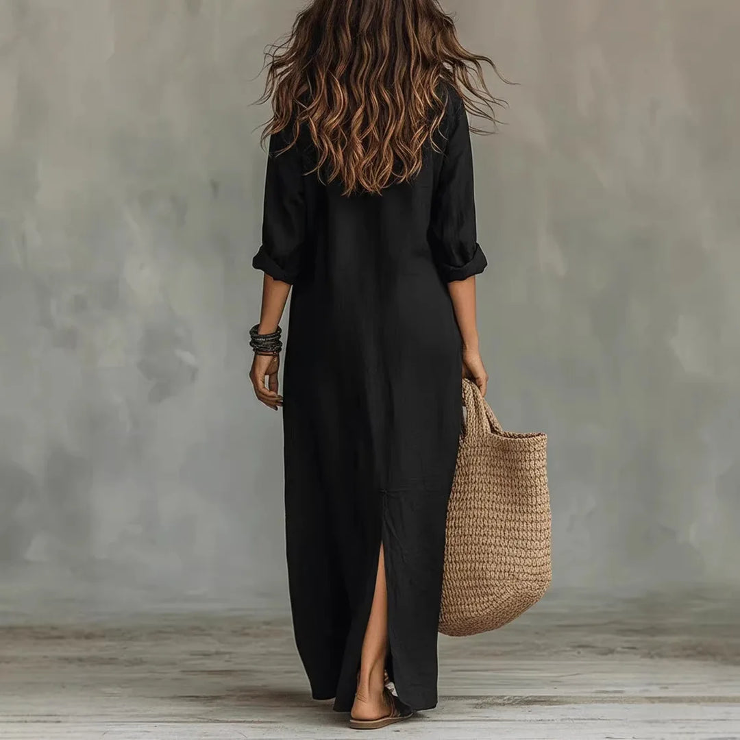Stylish women's collared button-front maxi dress featuring a chic front slit. Versatile for summer & autumn casual.
