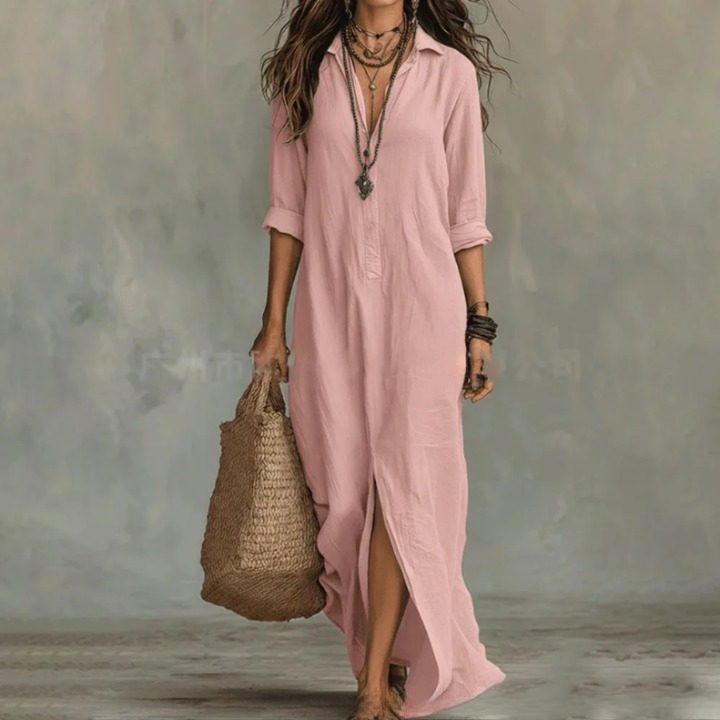 Casual women's button-down collared maxi dress with front slit. Effortlessly styled for summer & autumn wardrobes.