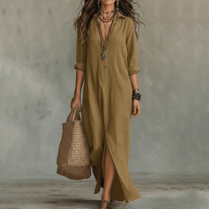 Effortless loose-fit women's collared buttoned maxi dress with front slit. Chic casual summer/autumn fashion.