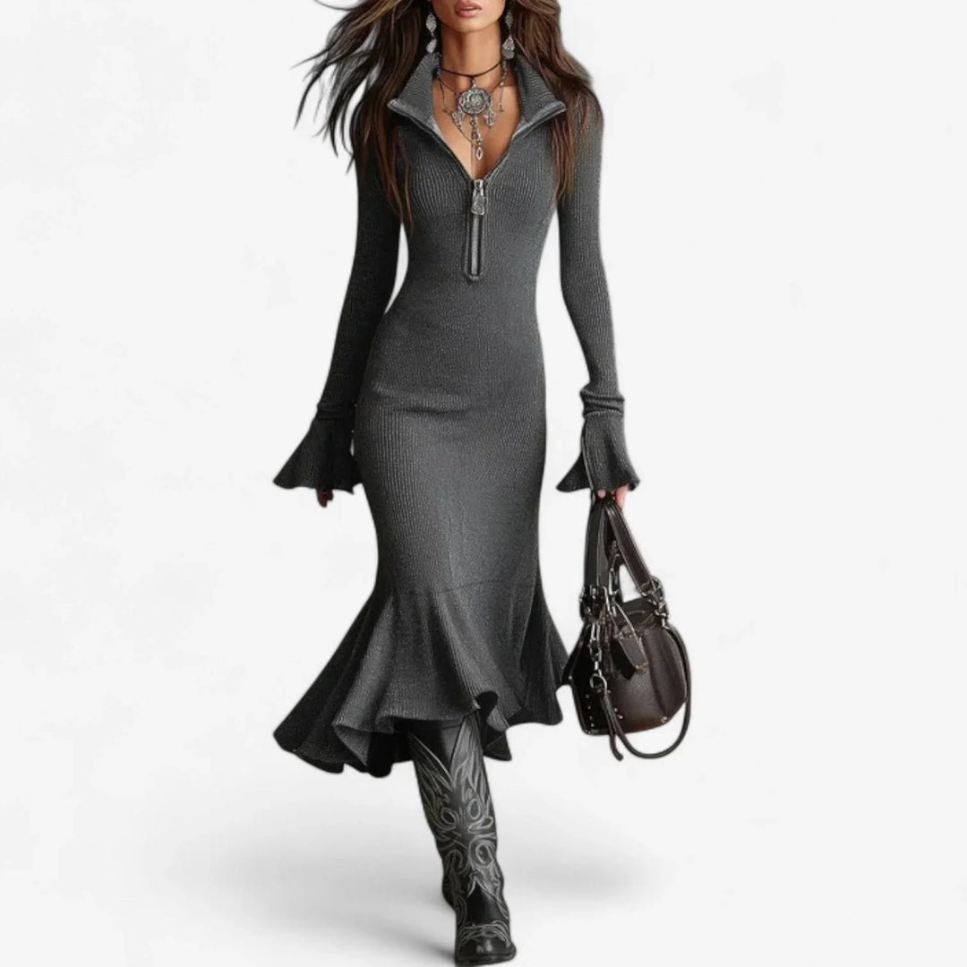 Women's collared half-zip midi dress with elegant flared cuffs & playful ruffle hem, perfect for casual chic.