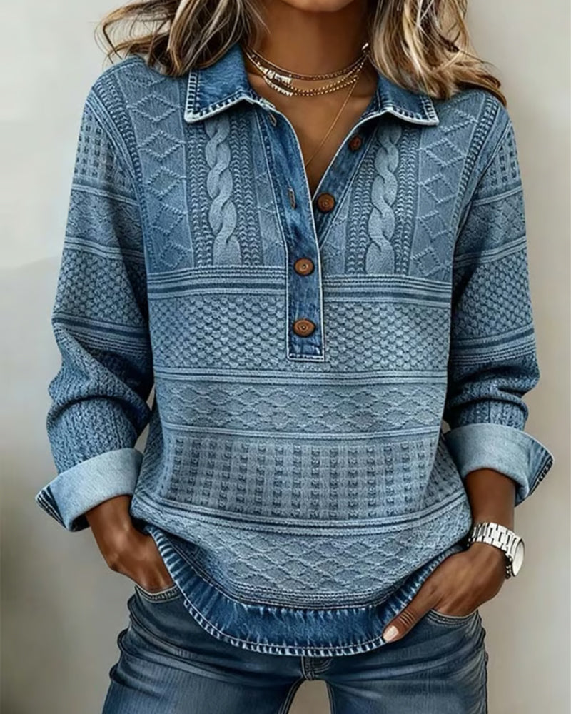 Women's collared half-zip textured sweatshirt with button placket. Relaxed fit, long sleeve for cozy casual wear.