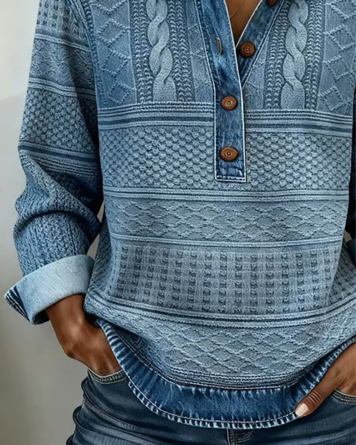 Cozy women's textured pullover, collared half-zip with button placket. Relaxed fit for autumn & winter fashion.