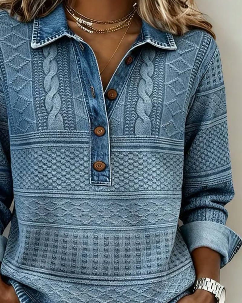 Stylish women's textured long-sleeve top, half-zip collar & button placket. Relaxed fit everyday sweatshirt.