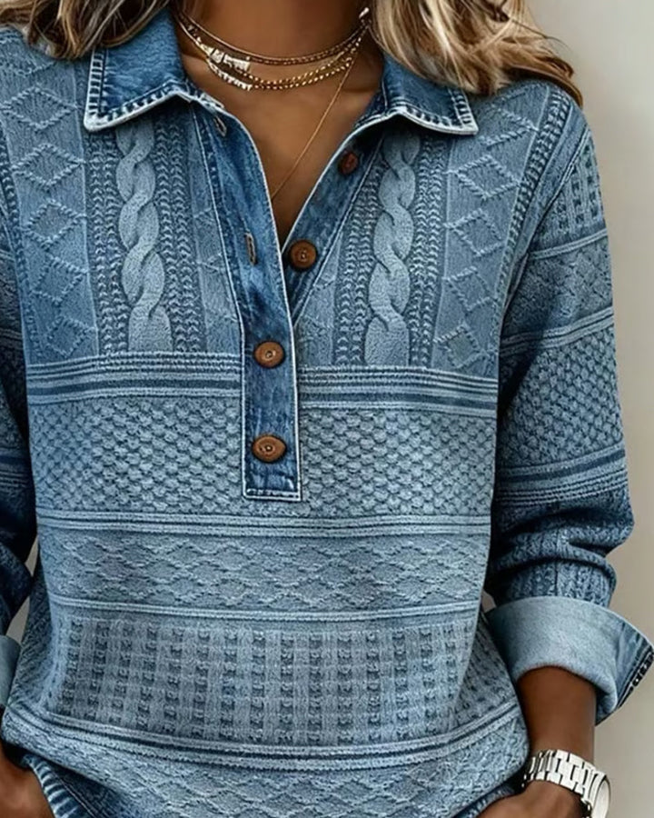 Stylish women's textured long-sleeve top, half-zip collar & button placket. Relaxed fit everyday sweatshirt.