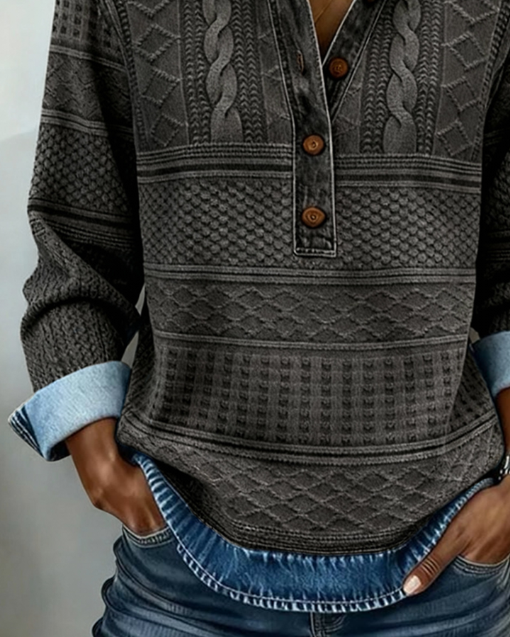 Everyday women's textured collared sweatshirt. Half-zip, button placket & long sleeves for cozy, relaxed fit.