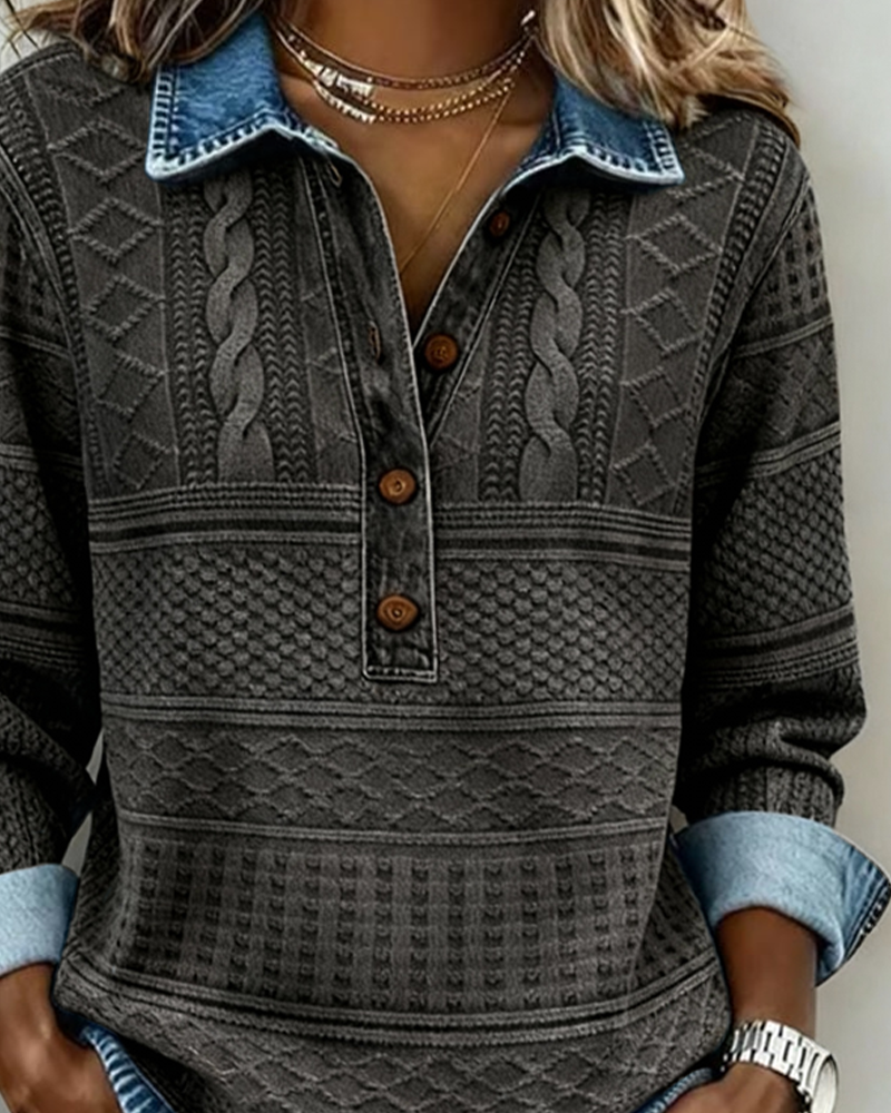 Textured women's pullover with half-zip collar & button placket. Long sleeve, relaxed fit, ideal casual style.
