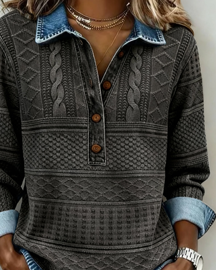 Textured women's pullover with half-zip collar & button placket. Long sleeve, relaxed fit, ideal casual style.