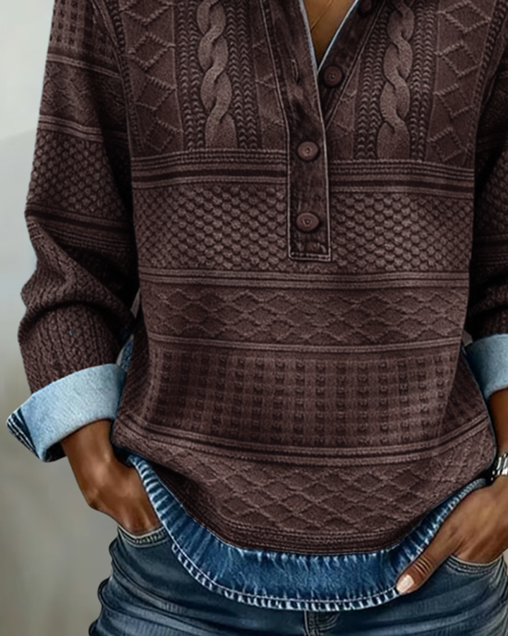 Autumn/winter women's textured long-sleeve sweatshirt. Collared half-zip, button placket, cozy relaxed fit pullover.