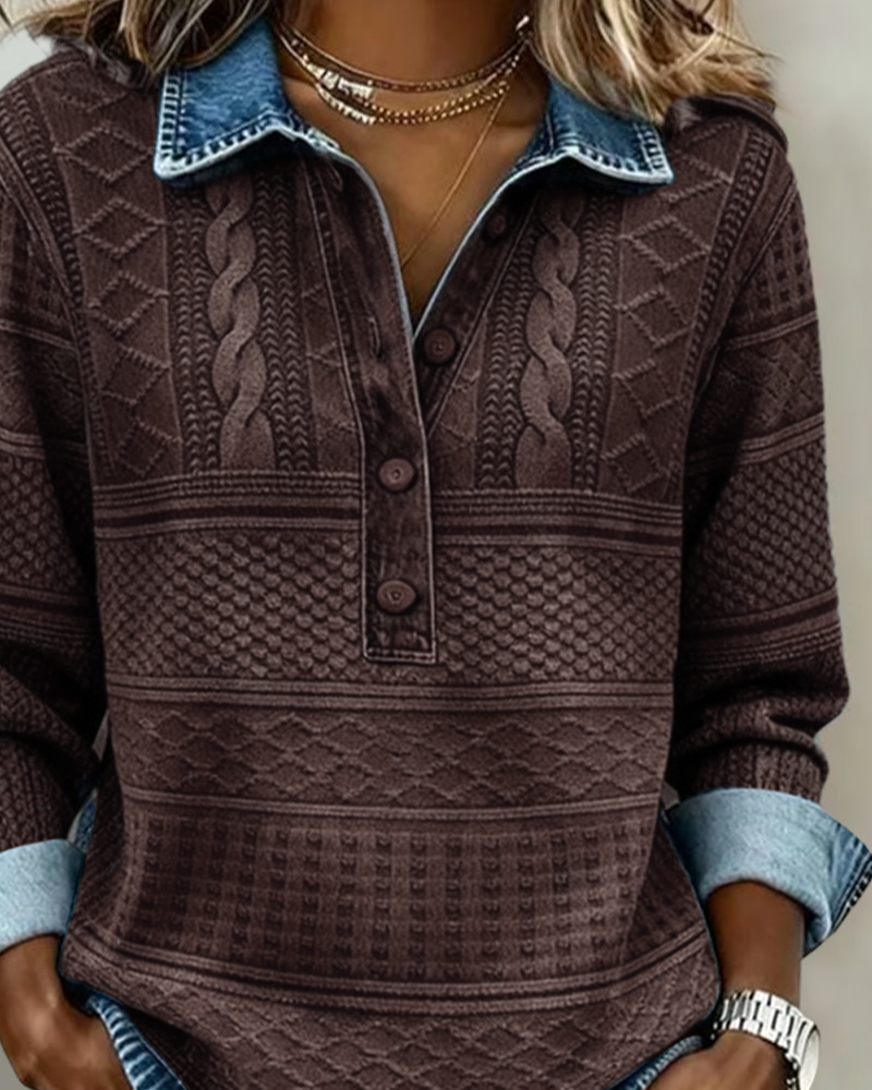 Women's collared half-zip textured sweatshirt. Button placket, long sleeve, relaxed fit. Casual & cozy pullover.