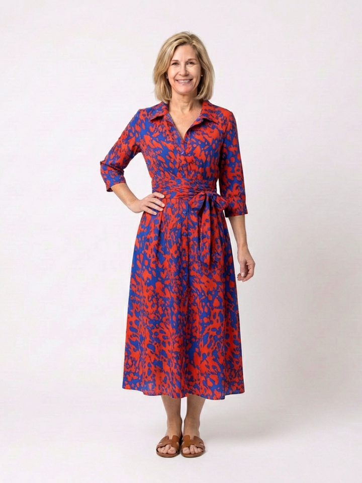 Everyday wear women's midi dress with a stylish collar, long sleeves & waist tie. Casual yet elegant fashion.