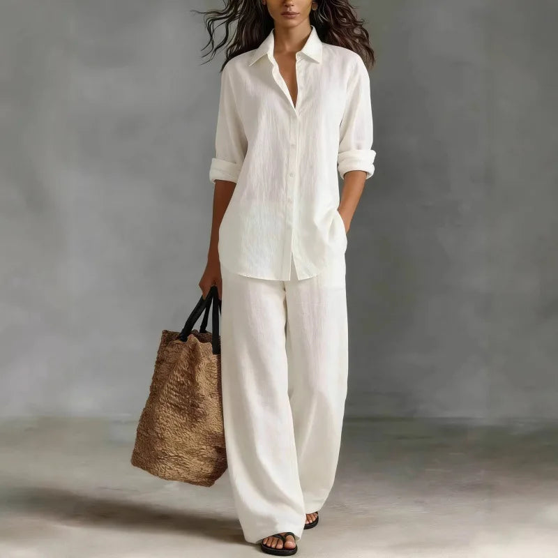 Women's collared long sleeve shirt and wide leg pants set, perfect for casual spring & summer comfort.