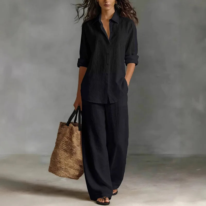 Stylish women's collared long sleeve top & wide leg trousers set, offering a comfortable, relaxed fit for everyday.