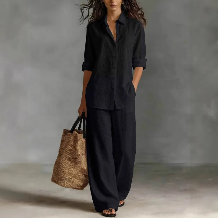 Stylish women's collared long sleeve top & wide leg trousers set, offering a comfortable, relaxed fit for everyday.