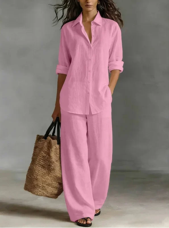 Wide leg pants and matching collared long sleeve shirt set for women, a comfortable and versatile summer style.