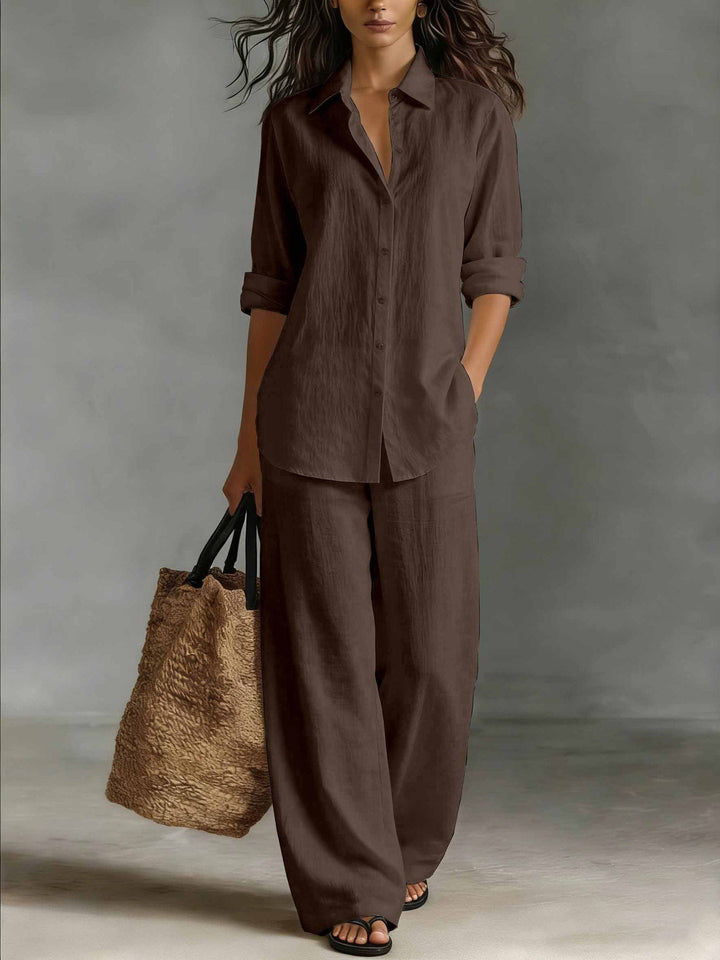 Women's two-piece collared long sleeve shirt & wide leg pants set. Relaxed fit, side pockets, casual spring/summer.
