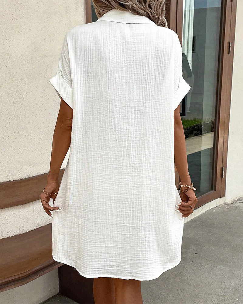 Stylish women's short-sleeve collared mini dress with functional front pockets.