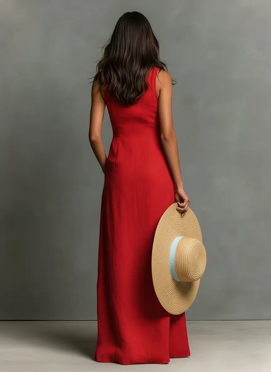 Stylish women's sleeveless maxi dress with collar & button-front. Perfect elegant summer or spring fashion.