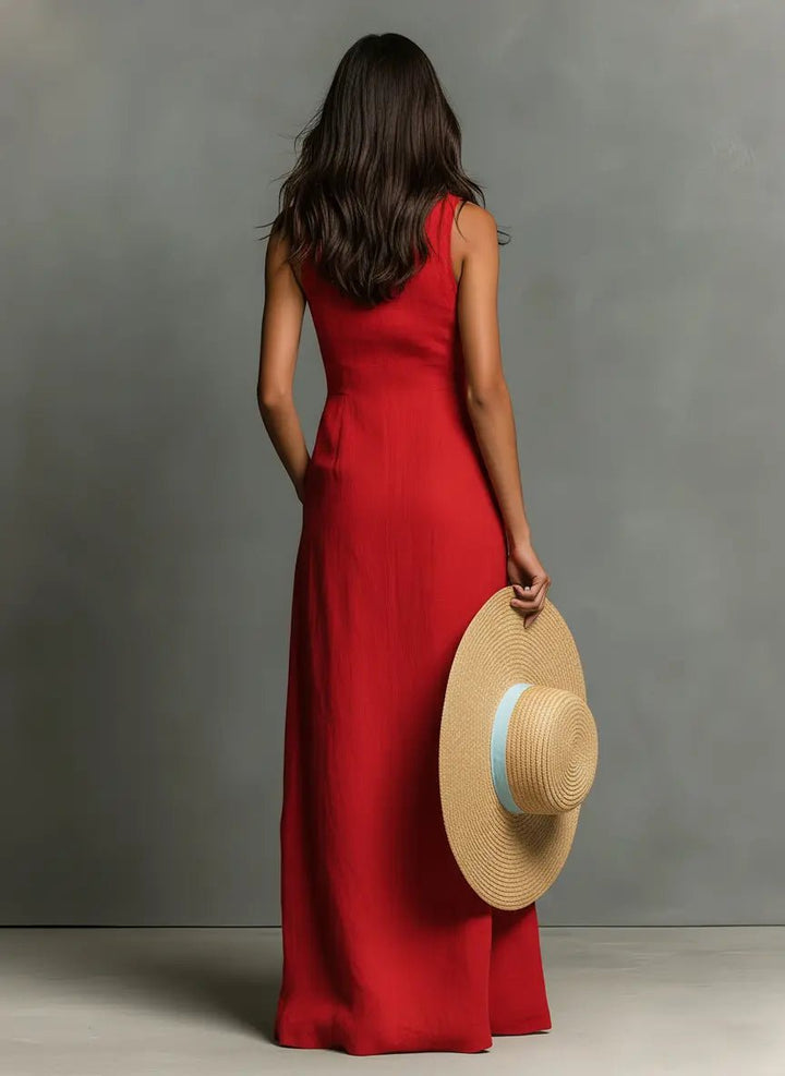 Stylish women's sleeveless maxi dress with collar & button-front. Perfect elegant summer or spring fashion.