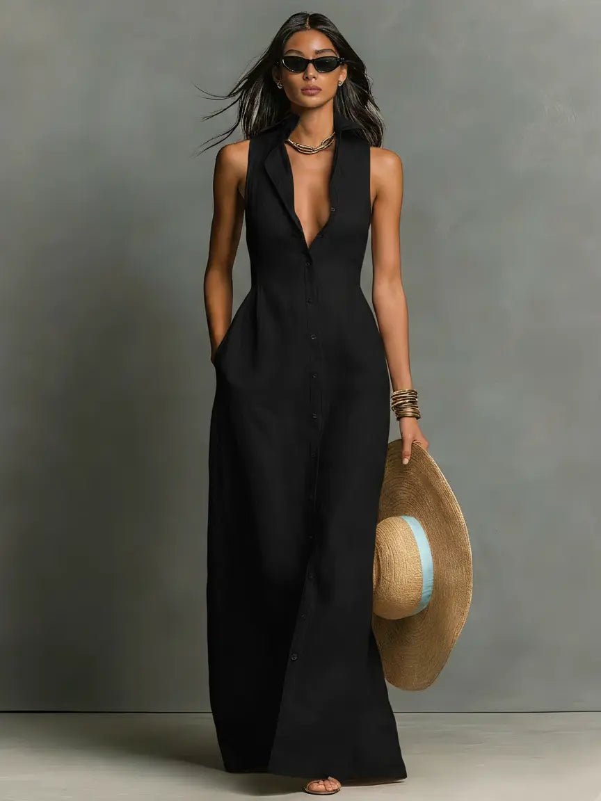 Elegant women's sleeveless collared button-front maxi dress. A long, casual & office-ready summer fashion.