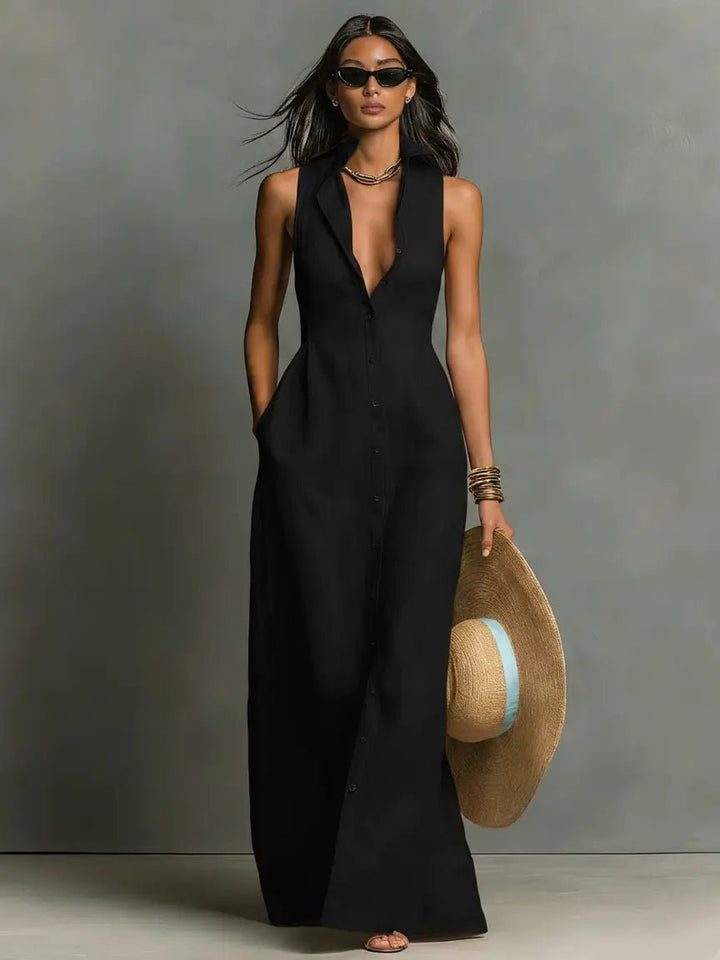 Elegant women's sleeveless collared button-front maxi dress. A long, casual & office-ready summer fashion.