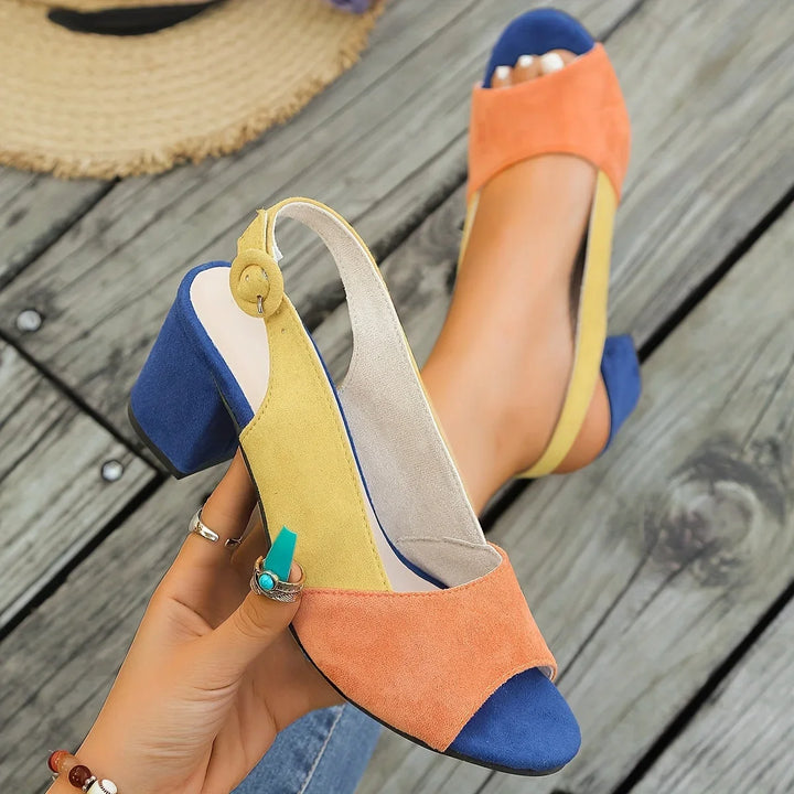 Women's color-block open-toe sandals with a sturdy block heel and elegant slingback strap.