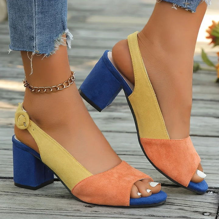 Women's versatile open-toe sandals with a chic color-block pattern and sturdy block heel.