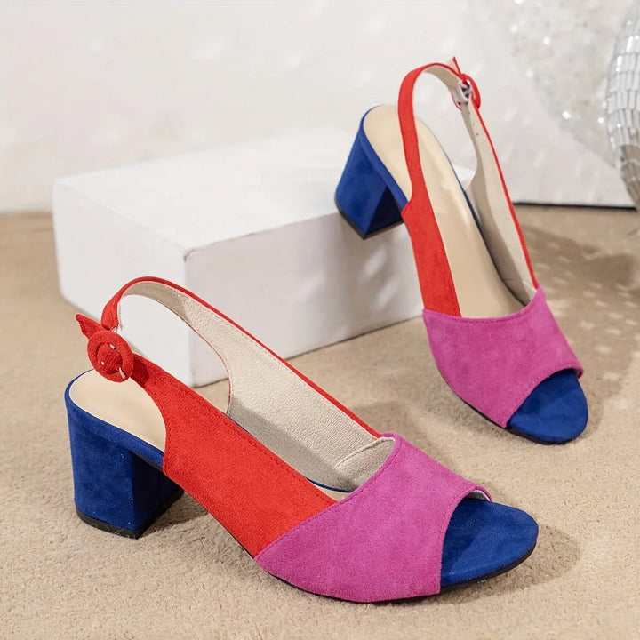 Fashionable women's slingback sandals in a color-block design, featuring an open toe & block heel.