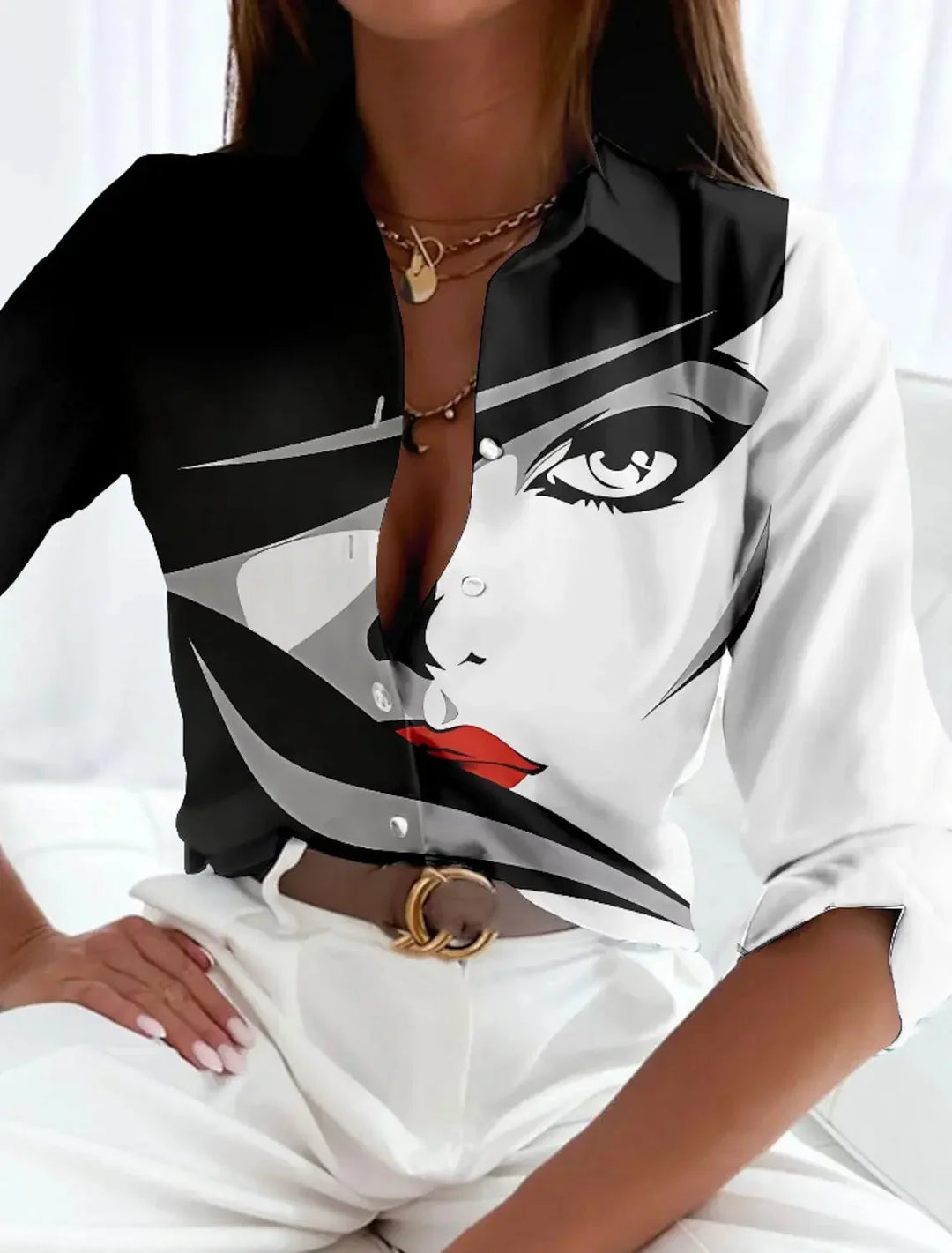 Plus size women's color-block blouse. Versatile 3/4 sleeve button-down for workwear or chic casual outfits.