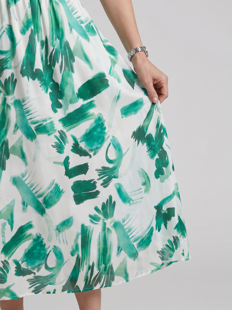 Women's abstract print midi dress with puff sleeves and V-neck, perfect for stylish summer wear.