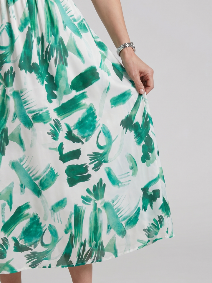 Women's abstract print midi dress with puff sleeves and V-neck, perfect for stylish summer wear.