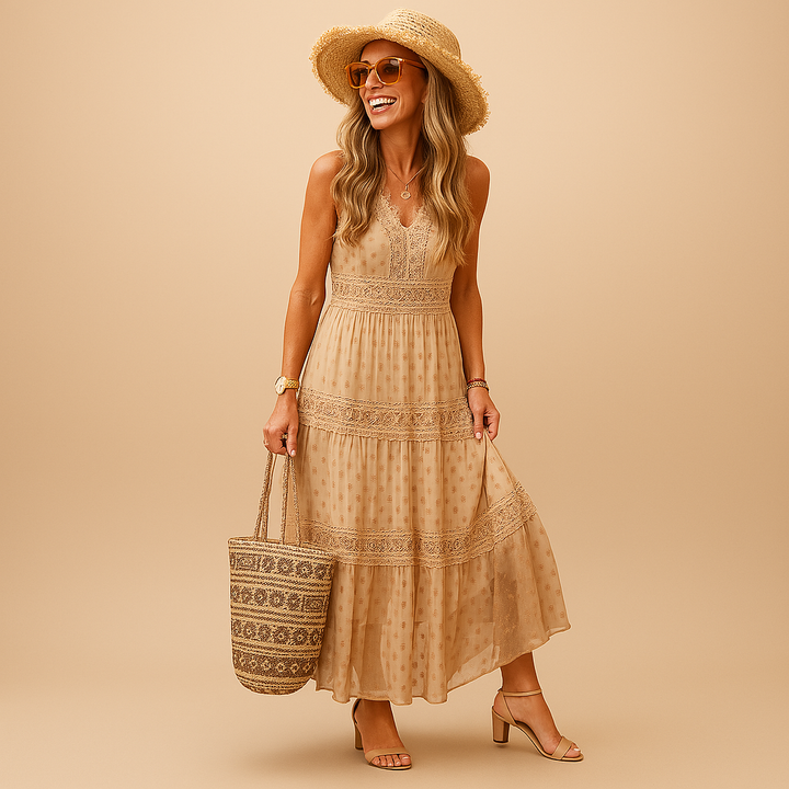 Elegant women's boho maxi dress with a relaxed, flowy fit, ideal for summer festivals or casual wear.