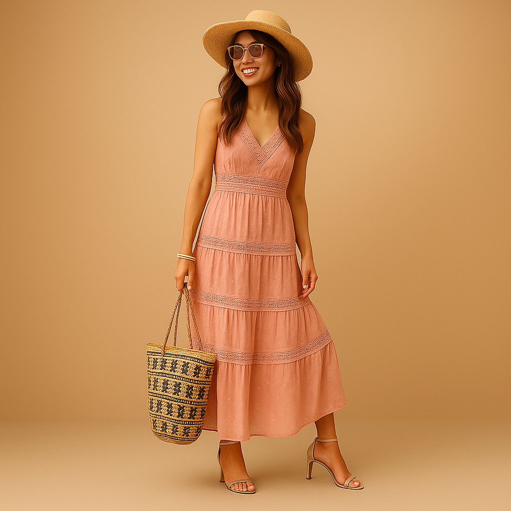 Feminine women's summer maxi dress featuring a vibrant boho pattern and comfortable relaxed fit.