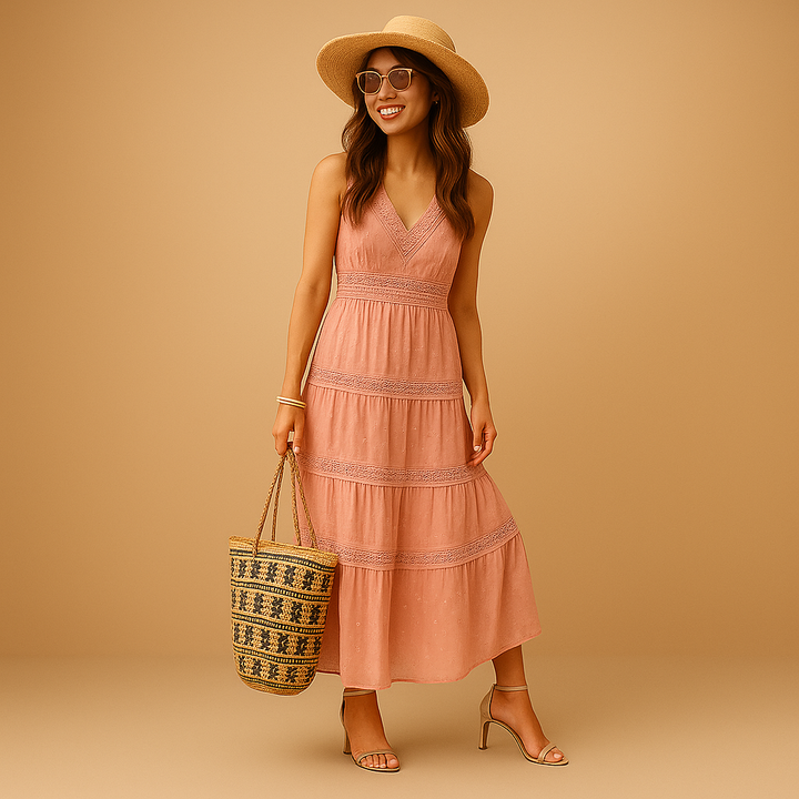 Feminine women's summer maxi dress featuring a vibrant boho pattern and comfortable relaxed fit.