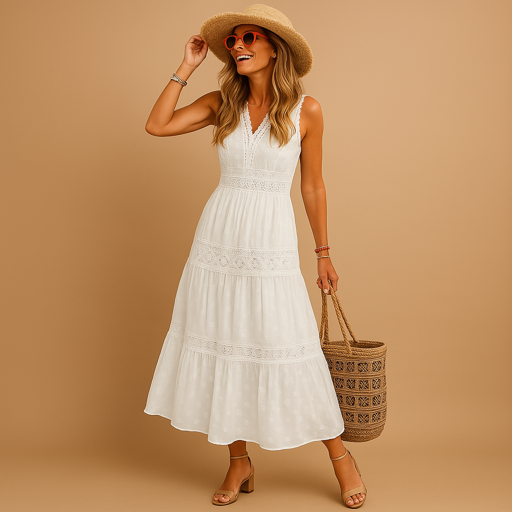 Relaxed fit women's flowy maxi dress in a boho style, suitable as elegant beachwear or vacation dress.