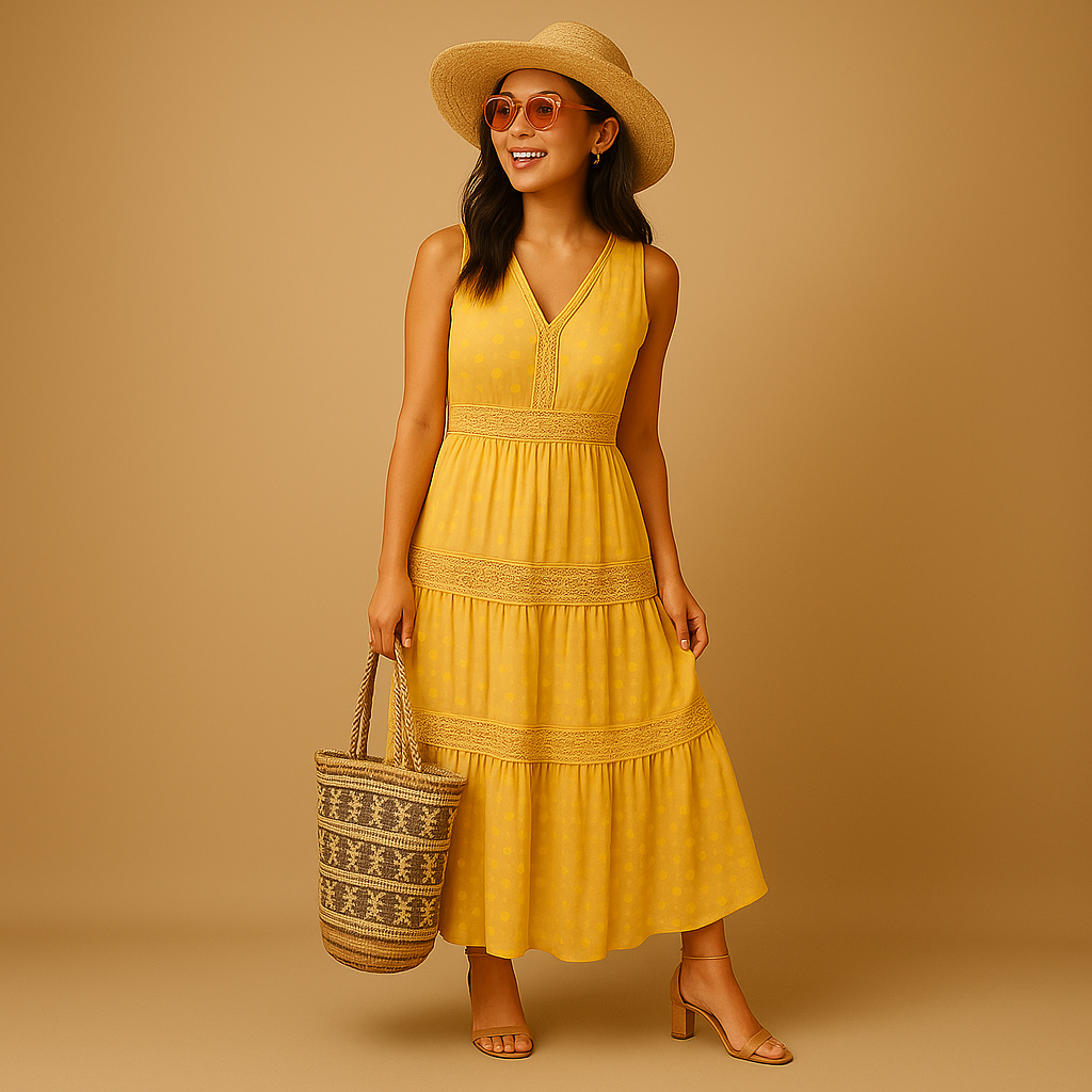 Casual women's boho summer maxi dress with a colorful print and a comfortable, relaxed flowy design.