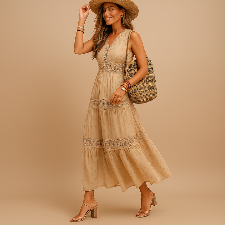 Women's elegant boho maxi dress, a flowy summer style with a relaxed fit, great for festivals & vacation.