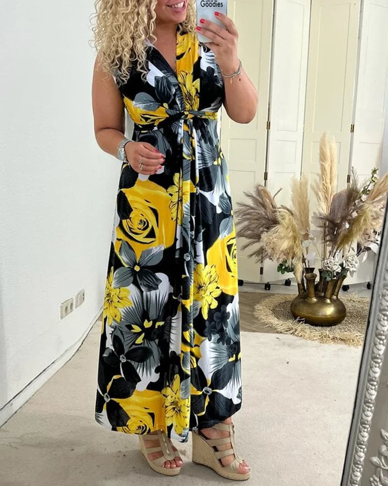 Elegant flowing floral maxi dress for women, sleeveless, V-neck, and tie-front. Ideal for summer casual wear.