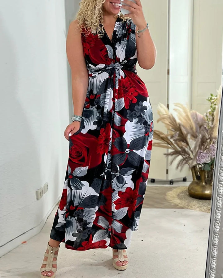 Sleeveless floral print maxi dress for women featuring a stylish tie-front and flattering V-neck. Colorful.