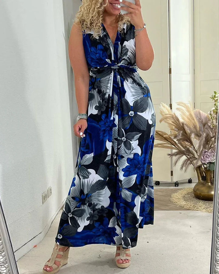 Comfortable women's long floral maxi dress, sleeveless, with a V-neck and tie-front, perfect for warm summer days.